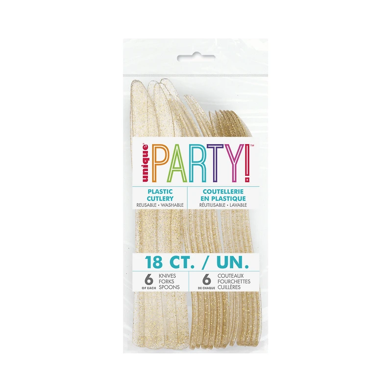 gold glitter plastic cutlery 18-count set