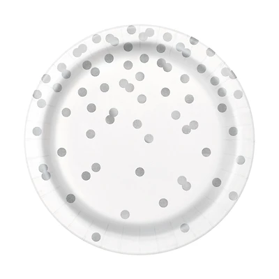 7in silver dot paper dessert plates 8-count