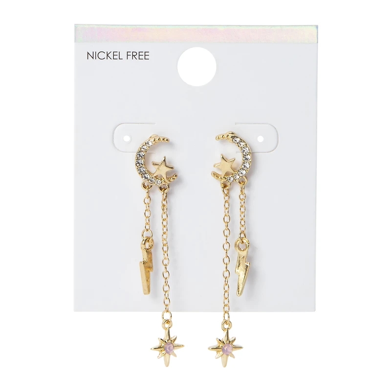 gold moon chain earrings