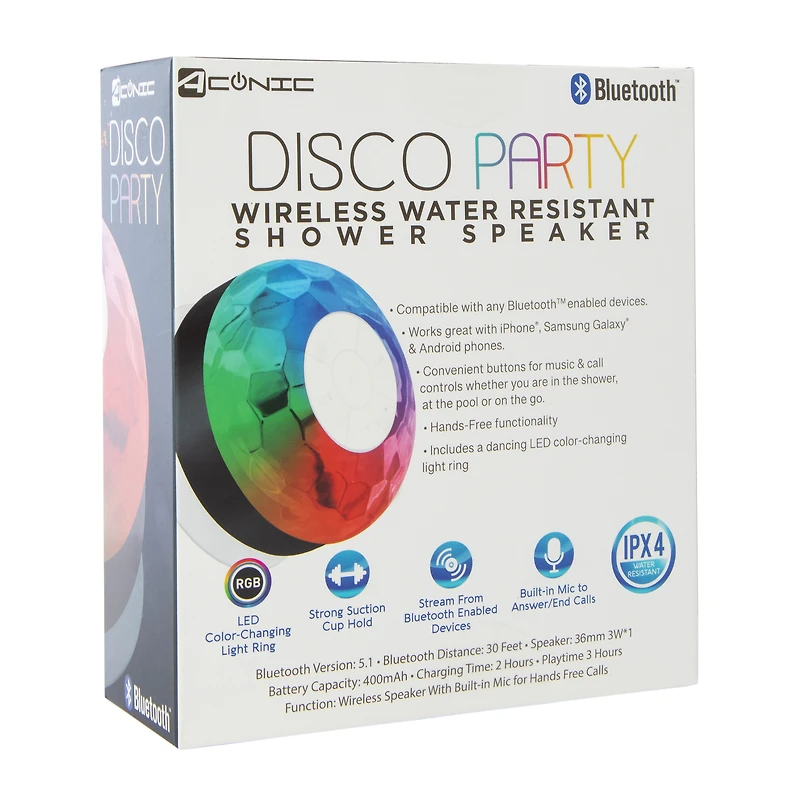 LED light-up bluetooth® disco party shower speaker with mic