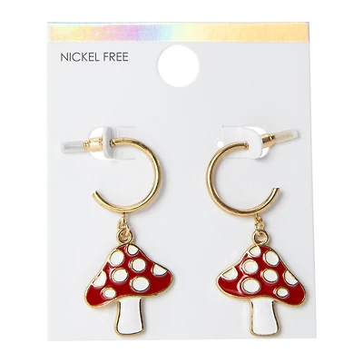 gold hoop earrings with mushroom charm