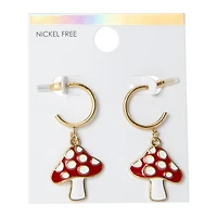 gold hoop earrings with mushroom charm