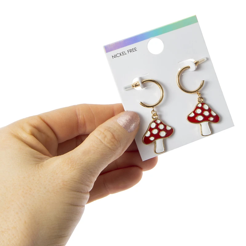 gold hoop earrings with mushroom charm