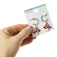 gold hoop earrings with mushroom charm
