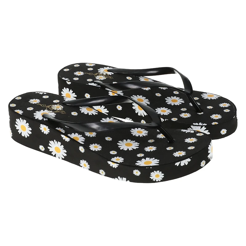 ladies platform wedge flip flops - black daisy
