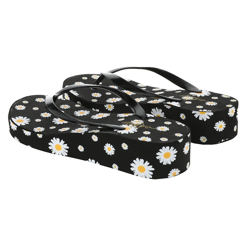 ladies platform wedge flip flops - black daisy