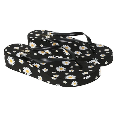ladies platform wedge flip flops - black daisy