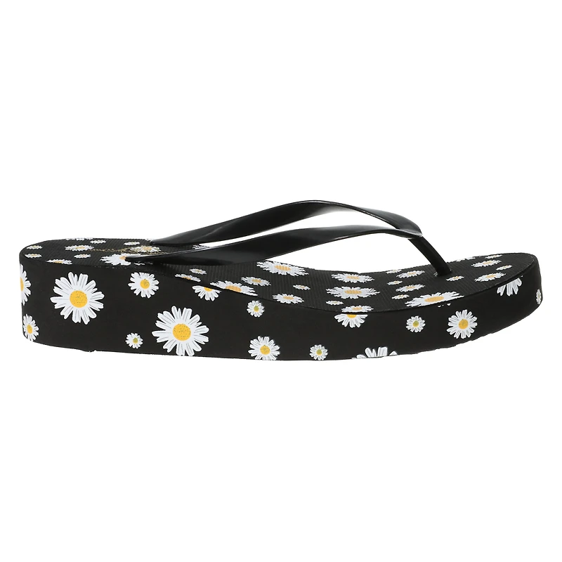 ladies platform wedge flip flops - black daisy