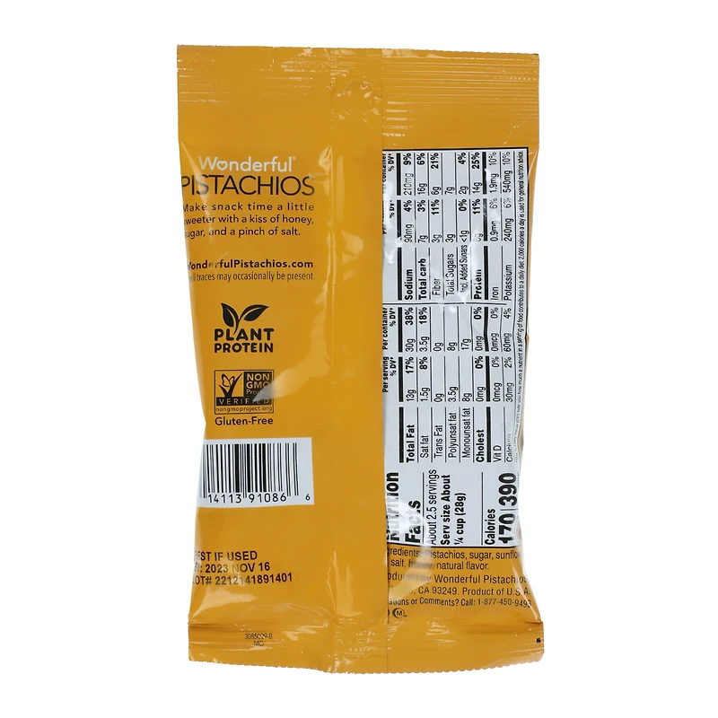 wonderful® honey roasted pistachios, no shells 2.25oz