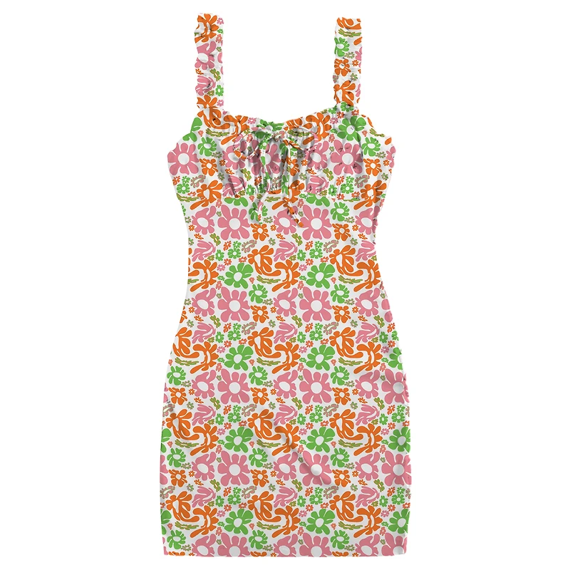 retro pink floral ruched bust bodycon dress