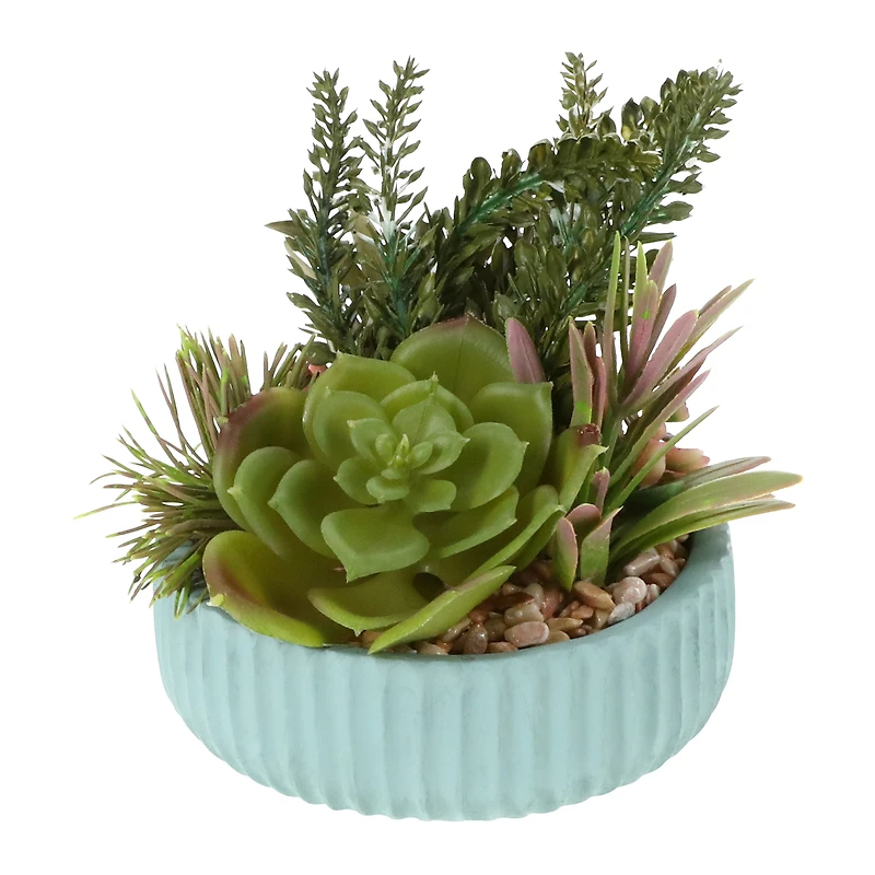 faux succulent arrangement cement pot
