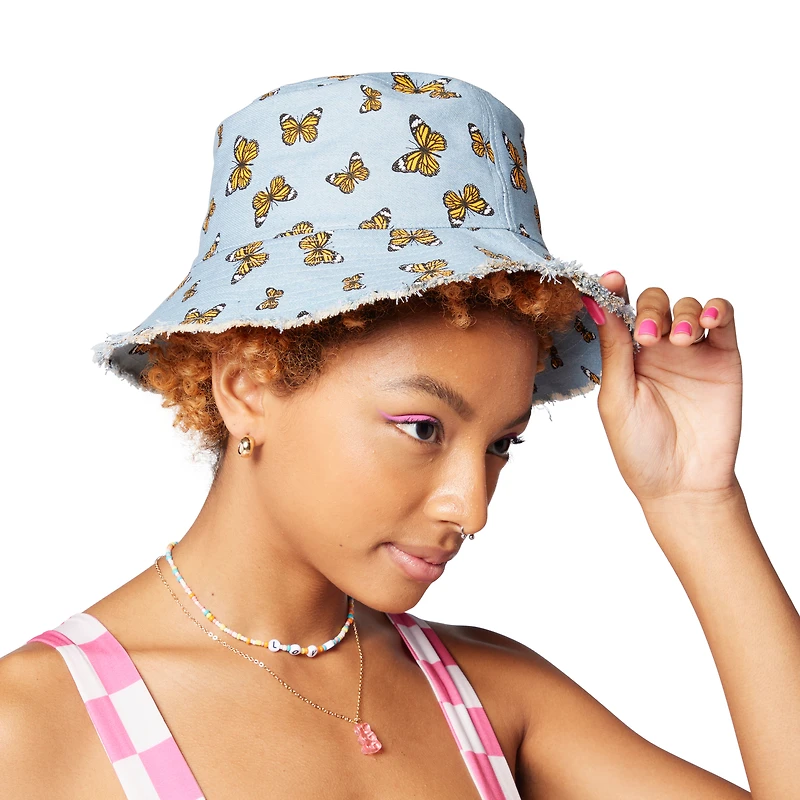 printed frayed edge bucket hat