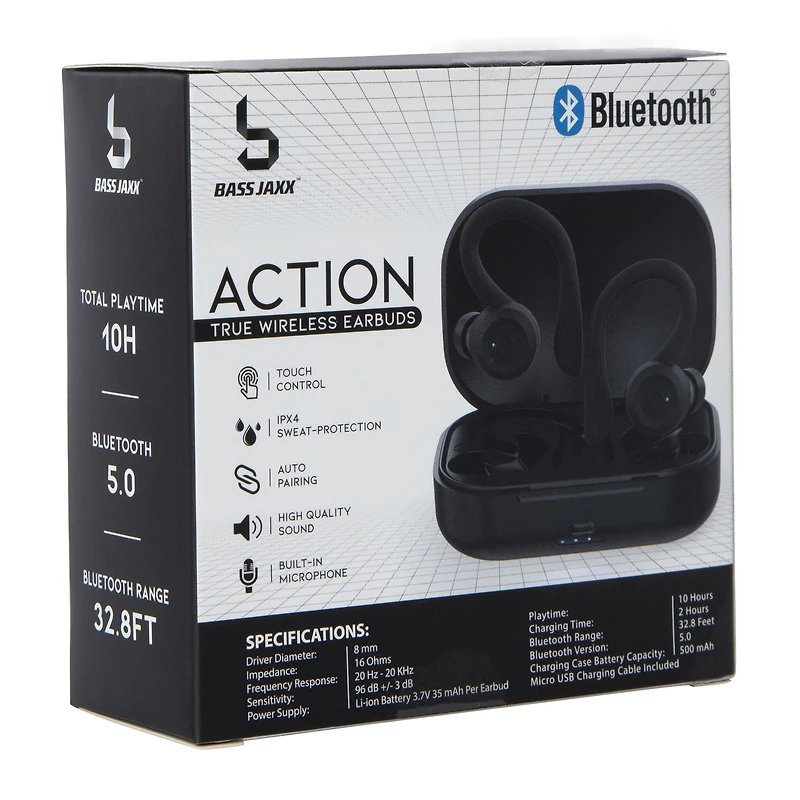 action bluetooth® sport hook earbuds with microphone & sweat protection
