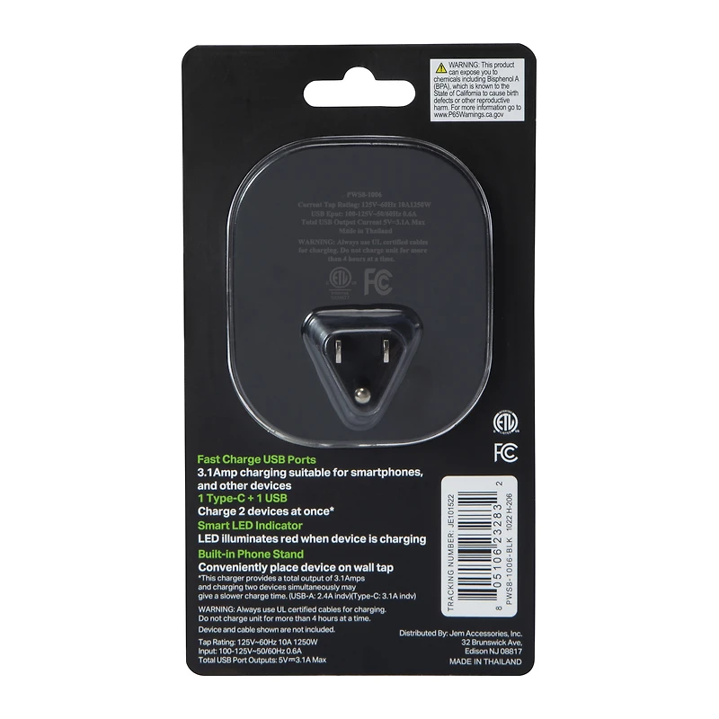 15W USB-C & USB Wall Charger With Outlet