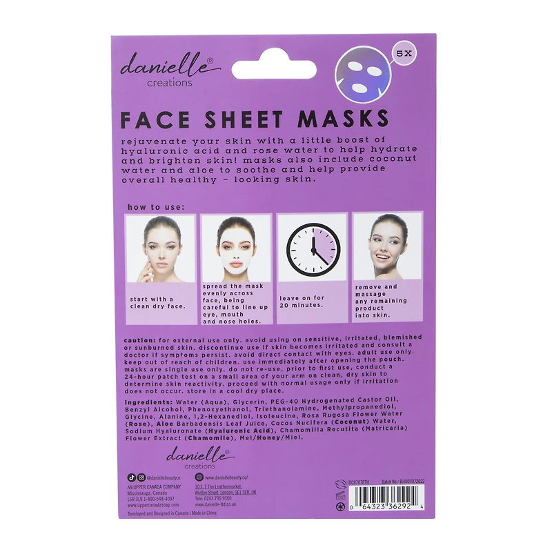 danielle creations® hyaluronic acid face sheet masks 5-count