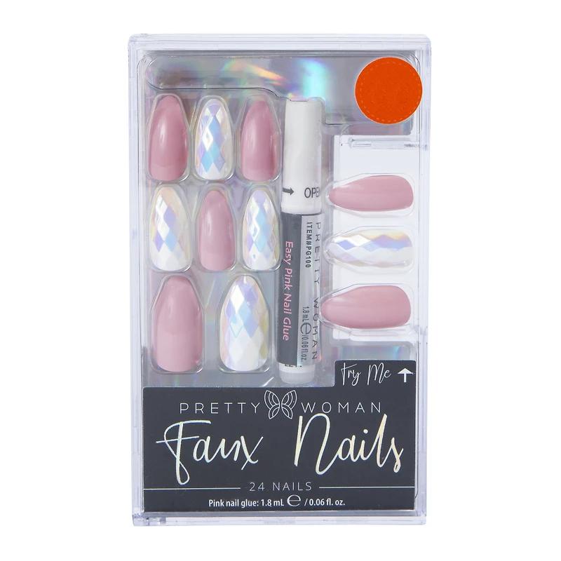 Pretty Woman Faux Nails 24-Piece Set - Pink & Iridescent