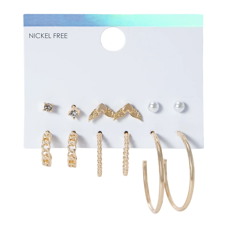 gold stud & hoop earrings 6-count