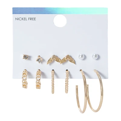 gold stud & hoop earrings 6-count