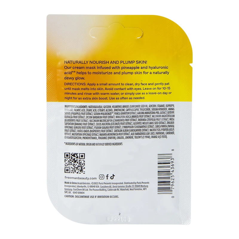 freeman® pineapple & hyaluronic acid nourishing cream mask 0.33 fl.oz
