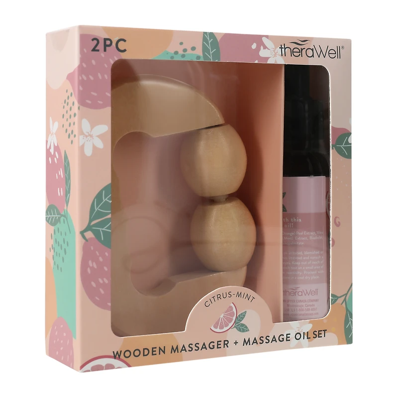 therawell® wooden massager & massage oil set 2-piece