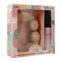 therawell® wooden massager & massage oil set 2-piece