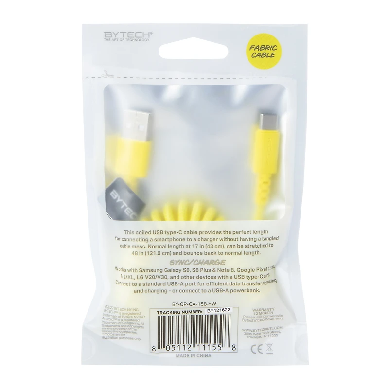 4ft USB-C Coil Cable - Yellow