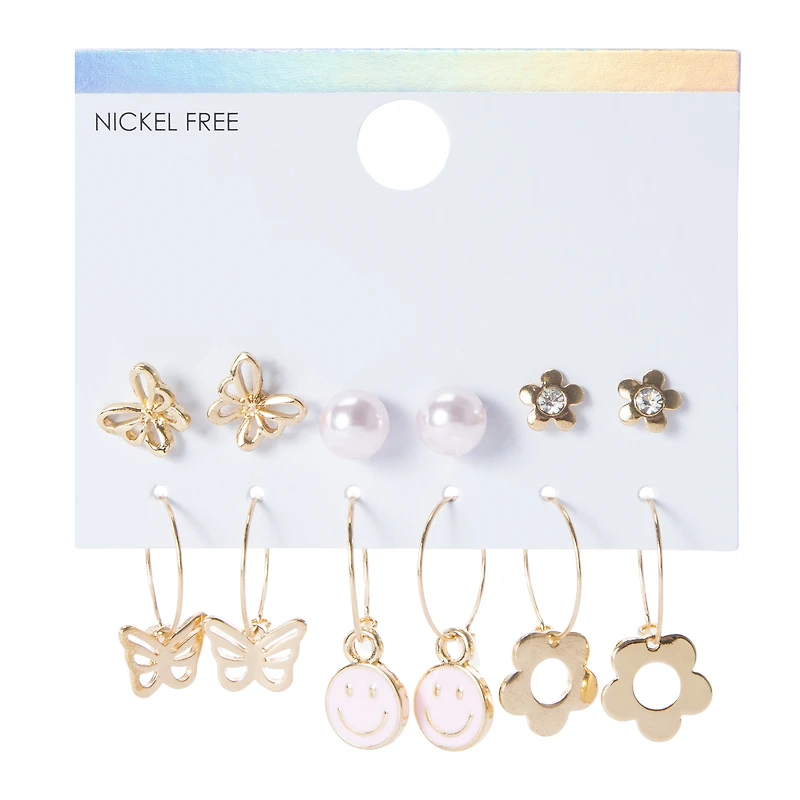 gold icon stud & hoop earrings 6-count