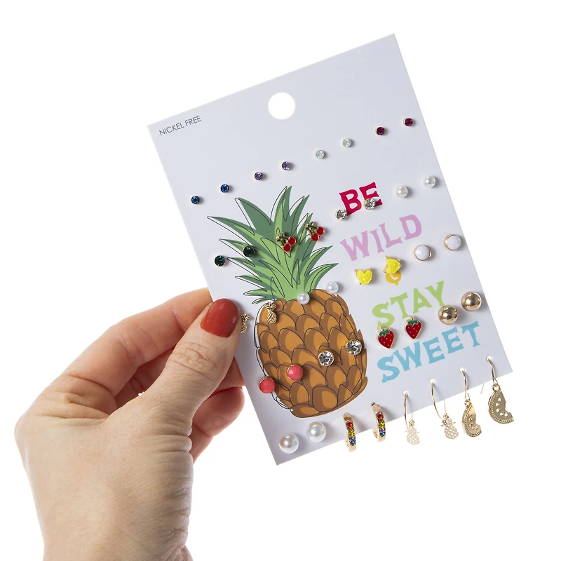 earrings, pack of earrings, stud earrings, hoop earrings, dangle earrings, rhinestone earrings, jewelry for teens