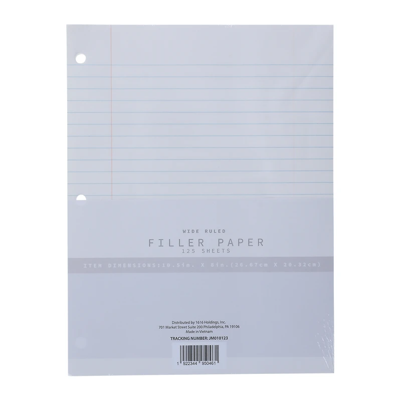 wide ruled filler paper with 3-hole punch, 125 sheets