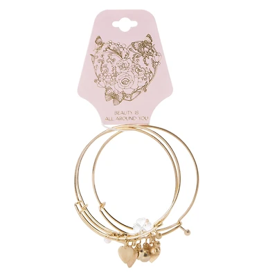 heart charm bangle bracelets 3-count