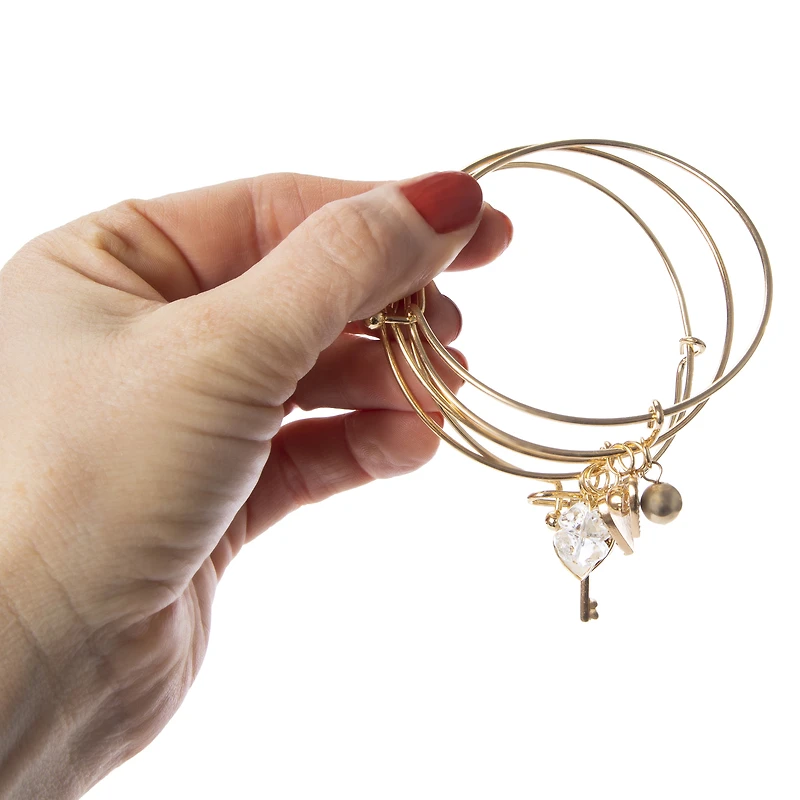 heart charm bangle bracelets 3-count