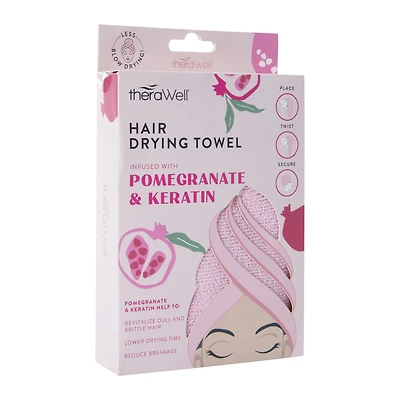 therawell® twirly hair drying towel - pomegranate & keratin