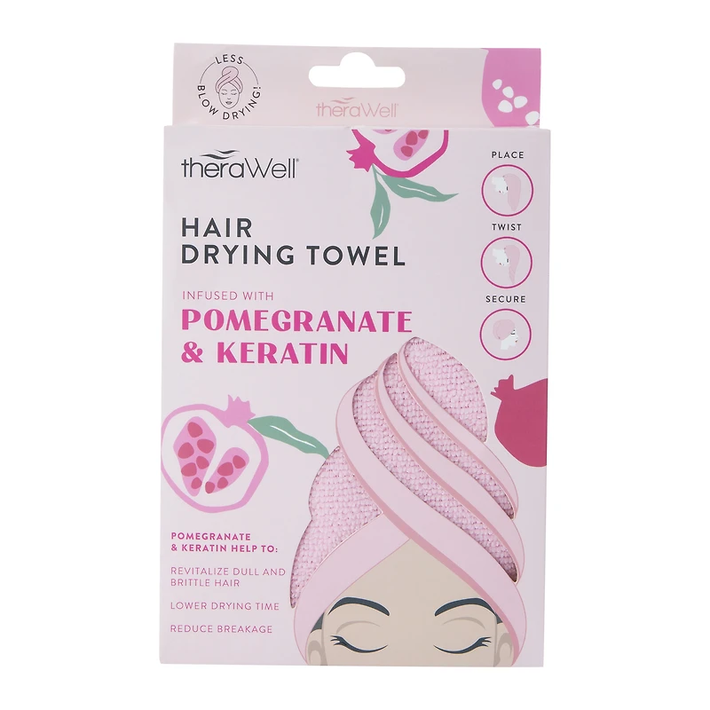 therawell® twirly hair drying towel - pomegranate & keratin