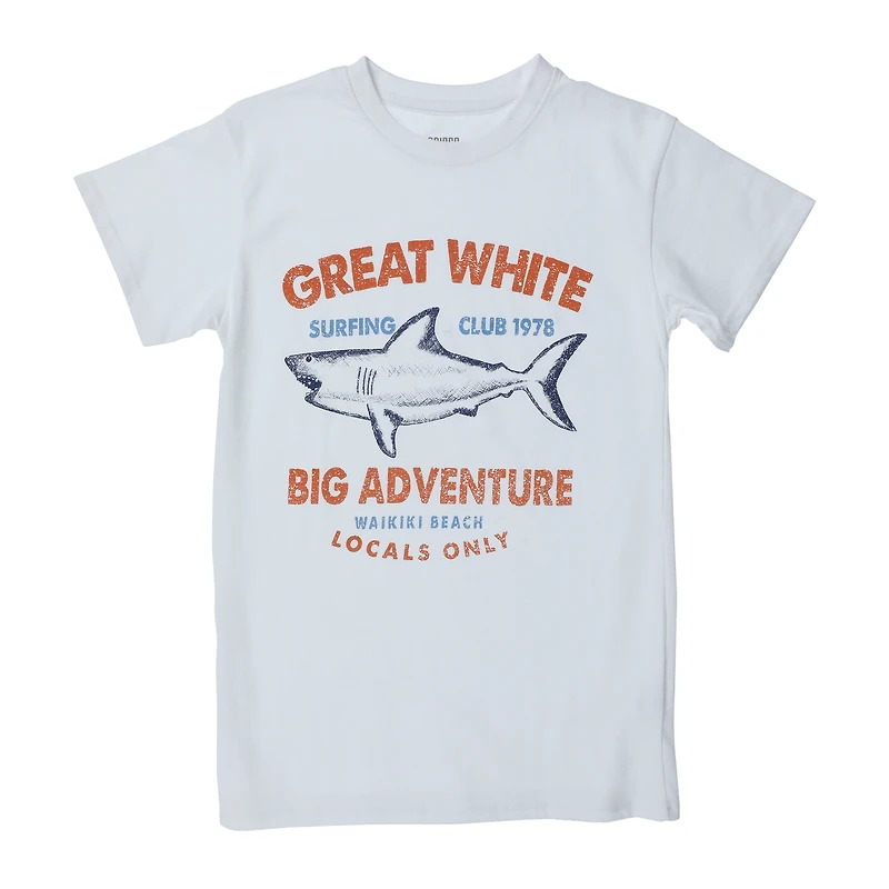 'great white shark surfing club' graphic tee