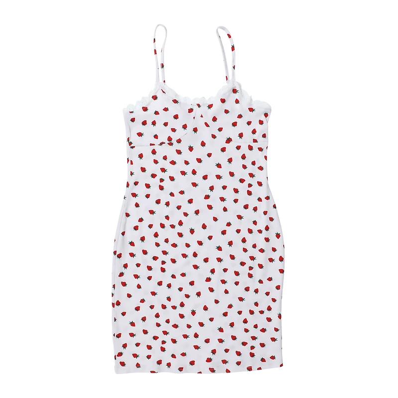 juniors strawberry print lace trim dress
