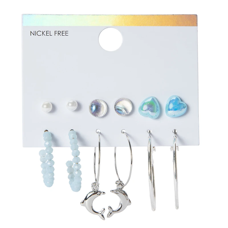 dolphin stud & hoop earrings 6-piece set