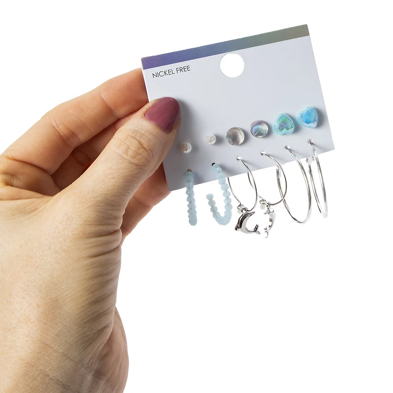 dolphin stud & hoop earrings 6-piece set