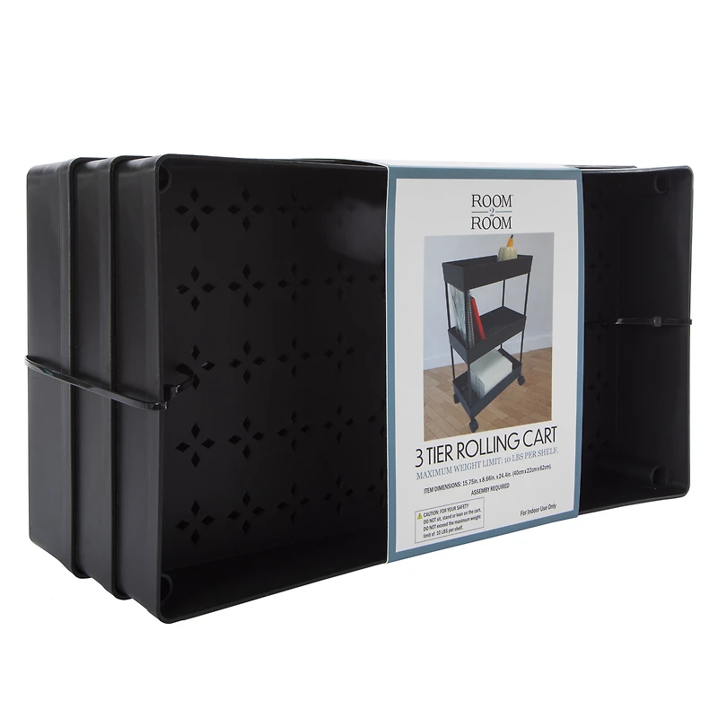 3-tier plastic rolling cart 15.75in x 24.4in