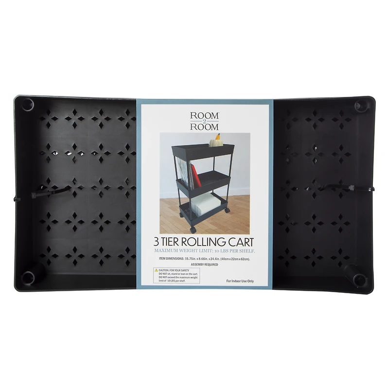 3-tier plastic rolling cart 15.75in x 24.4in