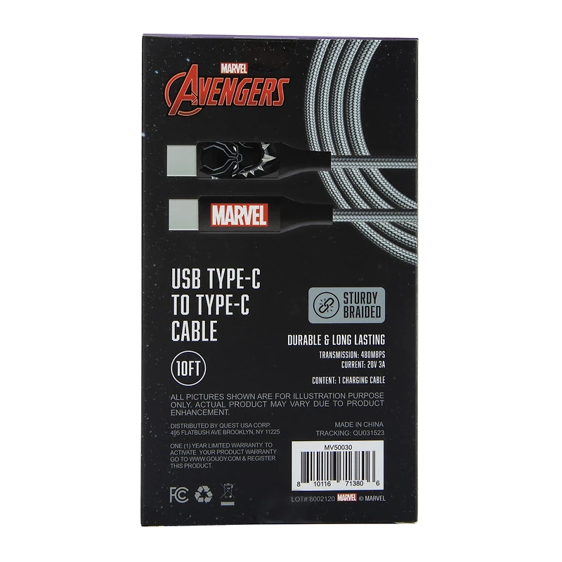 10ft Marvel USB-C Cable - Black Panther