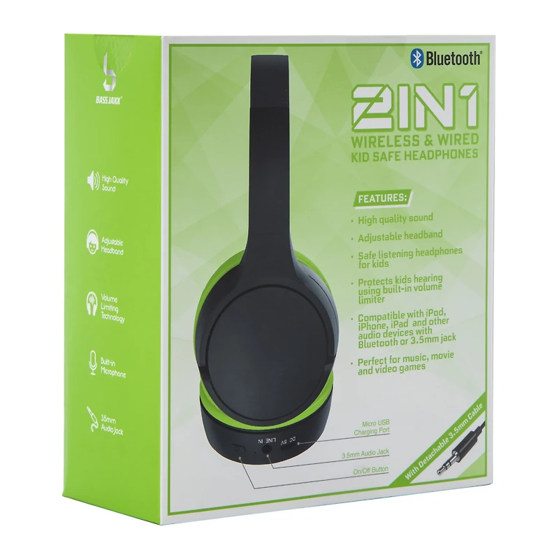 2-in-1 wireless & wired bluetooth® kid-safe headphones with mic