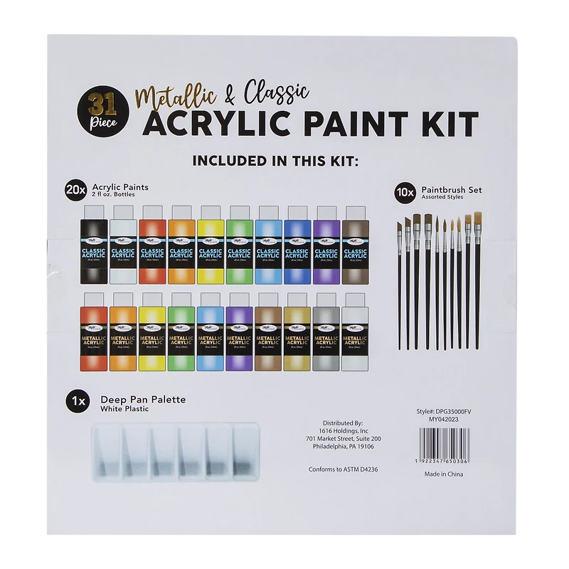 metallic & classic acrylic paints & supplies 31-piece set