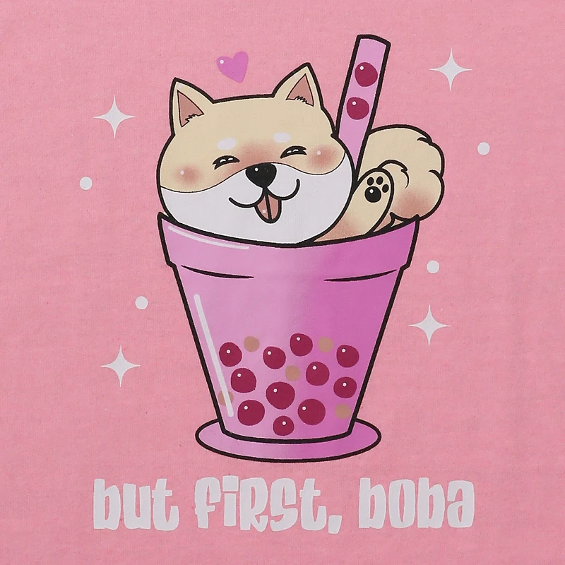 'but first, boba' shiba inu graphic tee