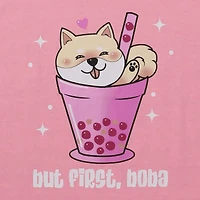 'but first, boba' shiba inu graphic tee
