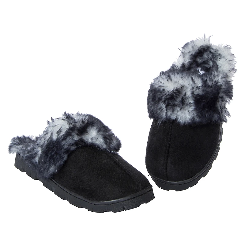 ladies black lug sole faux fur scuff slippers