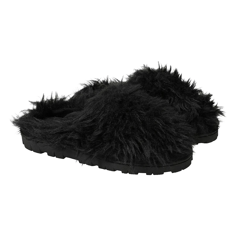 ladies black faux fur fuzzy slippers
