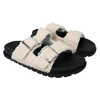 ladies black sherpa double buckle sandals