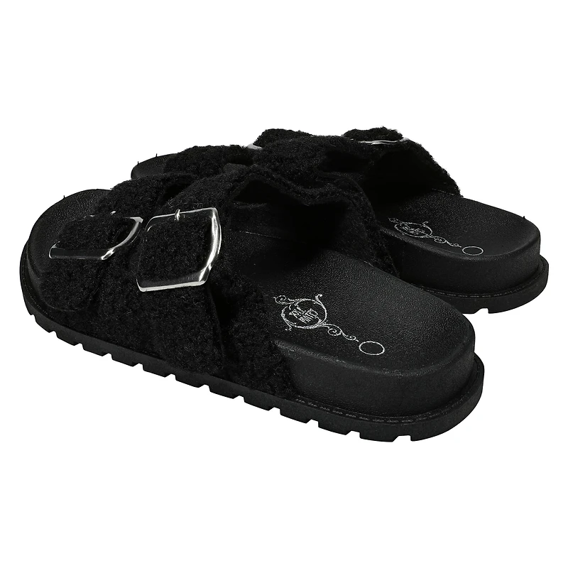ladies black sherpa double buckle sandals
