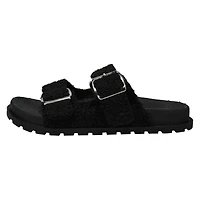 ladies black sherpa double buckle sandals