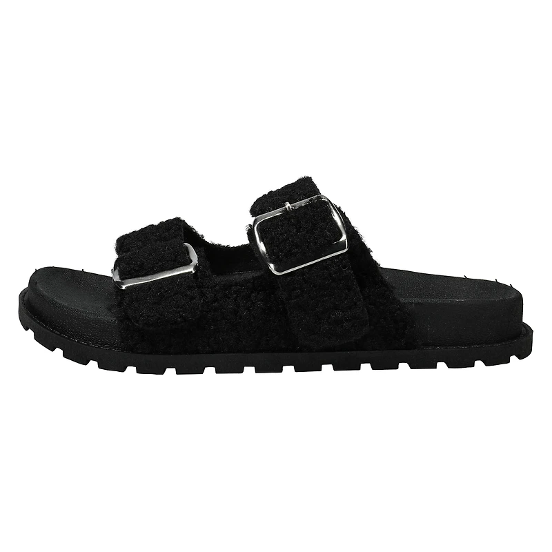 ladies black sherpa double buckle sandals